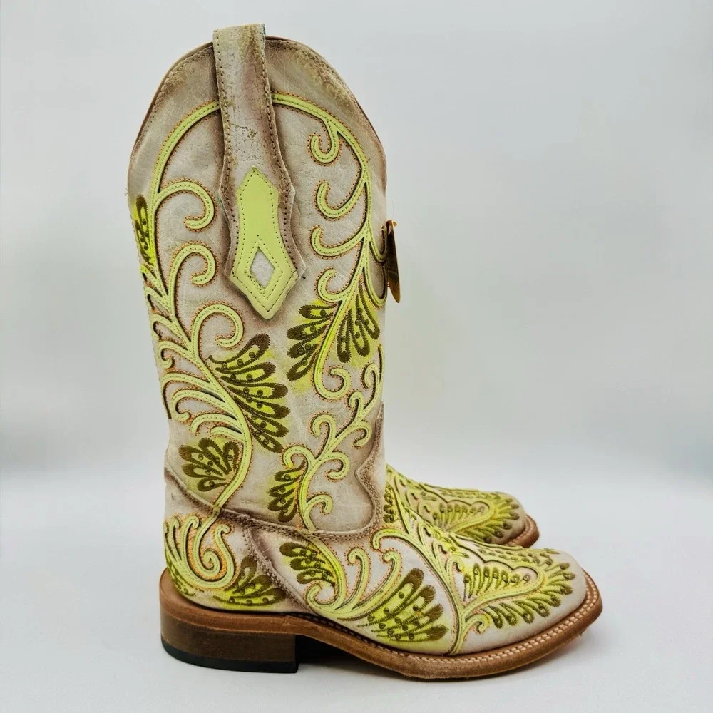 Corral Studded Boots Women's Size 6 M White Floral Green Leather Square Toe‎
